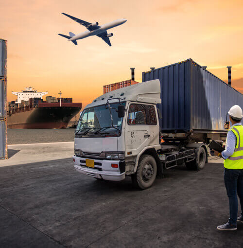Truck, vessel, and plane representing Weston Logistics' transport, sea freight, and air cargo services